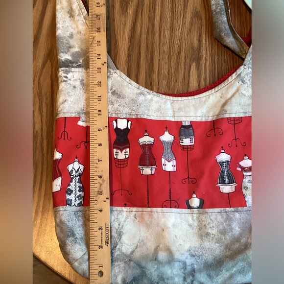 βοΈ VINTAGE MANNEQUIN GREY & RED TOTE OOAK CLOTH SHOULDER BAG - Picture 3 of 16